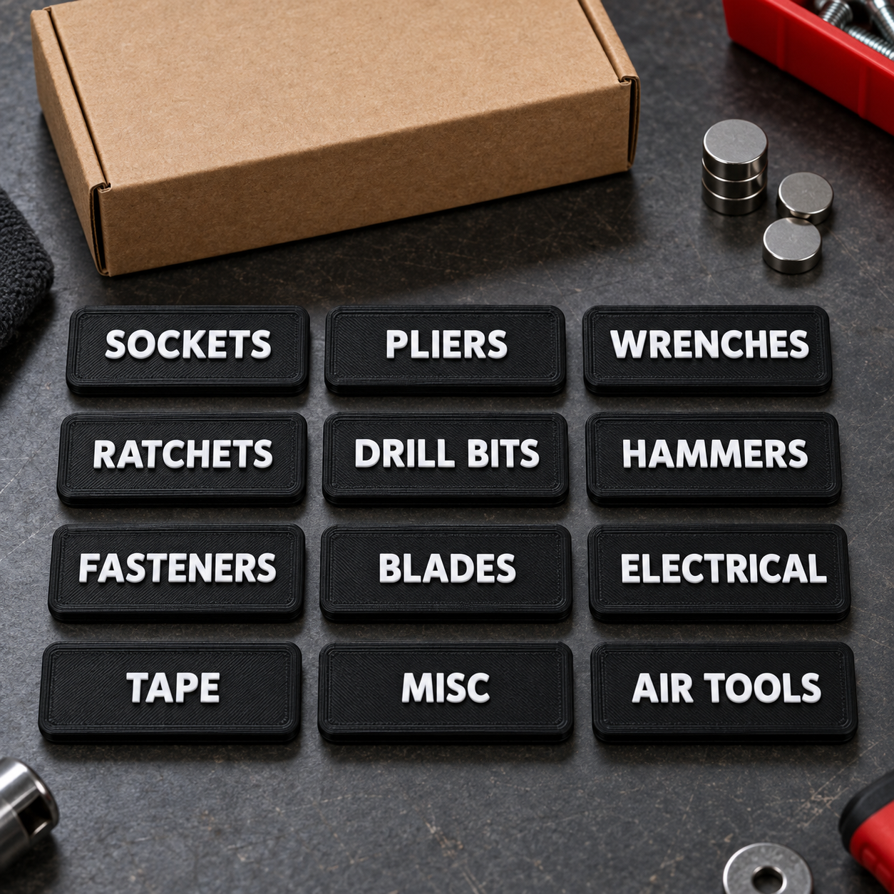 A 12-pack of black raised-text BenchBadges magnetic toolbox labels arranged on a workbench.